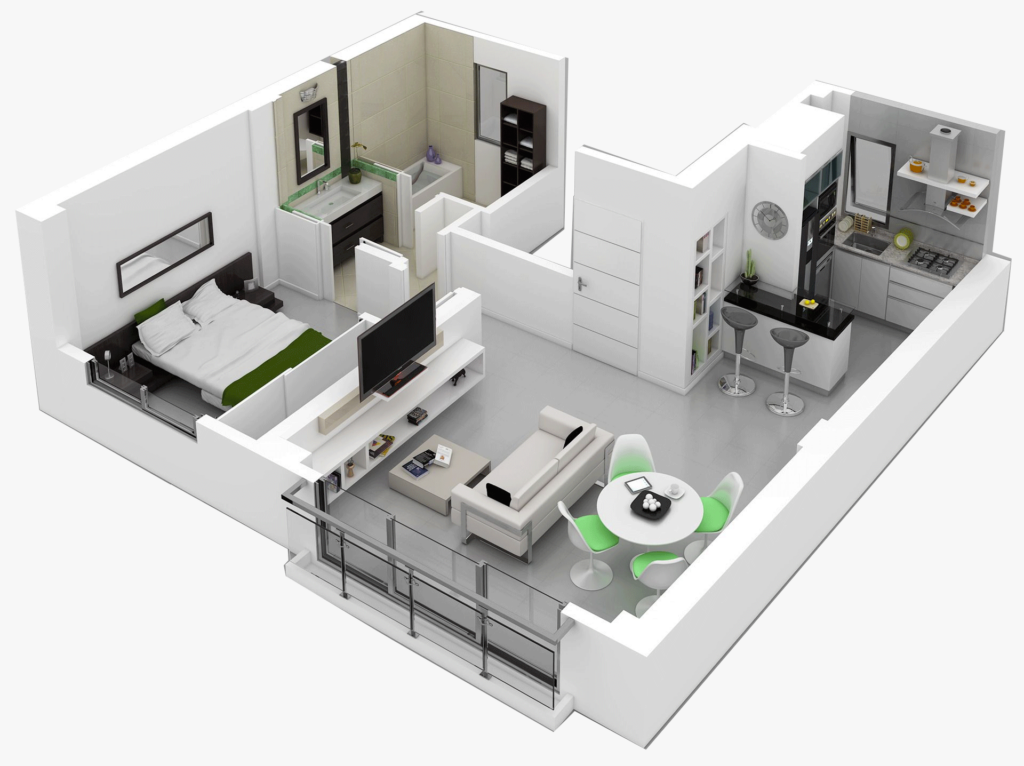 1 Bedroom House Floor Plan Design 3d - Open Floor Plan 1 Bedroom House Plans