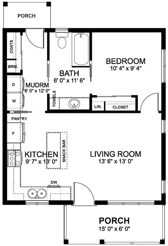 1 Bedroom Tiny Ranch Home 1 Bath 624 Sq Ft Plan 177 1054 - One Bedroom One Bath House Floor Plan