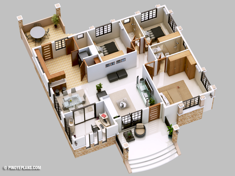 14 3 Bedroom House Floor Plans Single Story 3D Whimsical New Home  - 3 Bedrooms House Single Floors 3d Plan