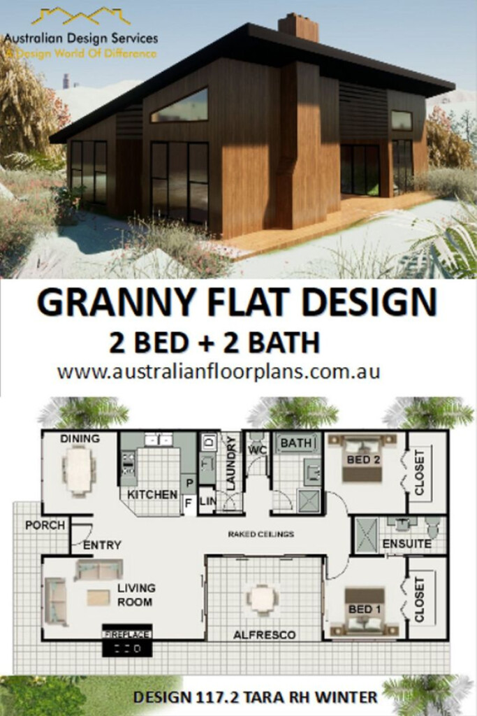 2 Bedroom Granny Flat House Plans 117 2RH Tara Skillion Winter  - 2 Bedroom House Floor Plans Australia