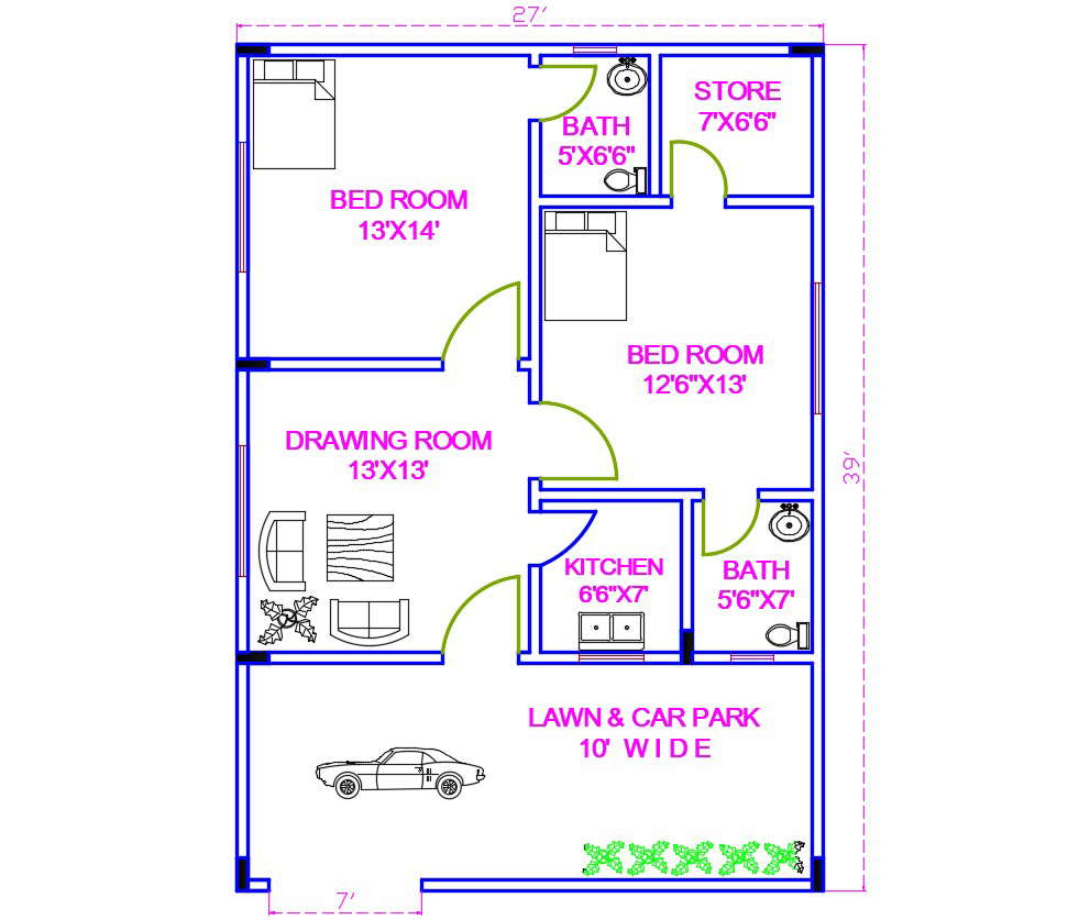 2 Bedroom House Plan Cadbull - 2 Bedroom House Floor Plans With Dimensions