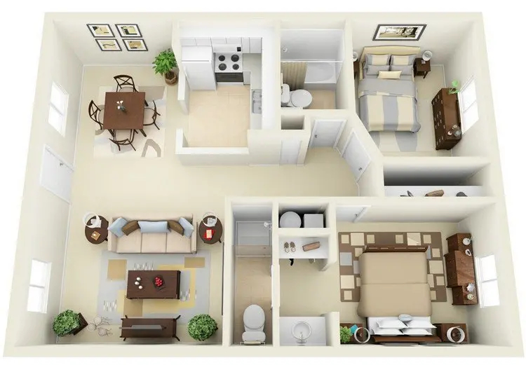 20 Awesome 3D Apartment Plans With Two Bedrooms Part 2 - Open Floor Plan 2 Bedroom House Plans 3d