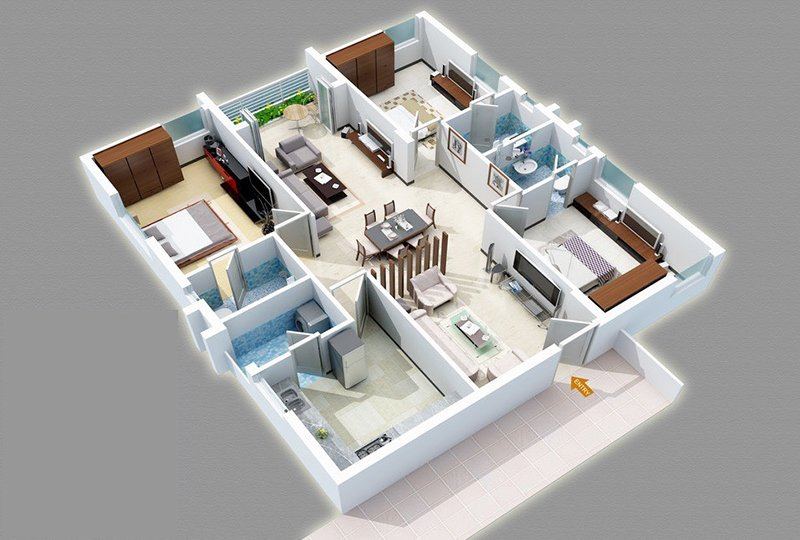 20 Designs Ideas For 3D Apartment Or One Storey Three Bedroom Floor  - 3 Bedroom 3 Bathroom House Floor Plans In Atlanta Ga