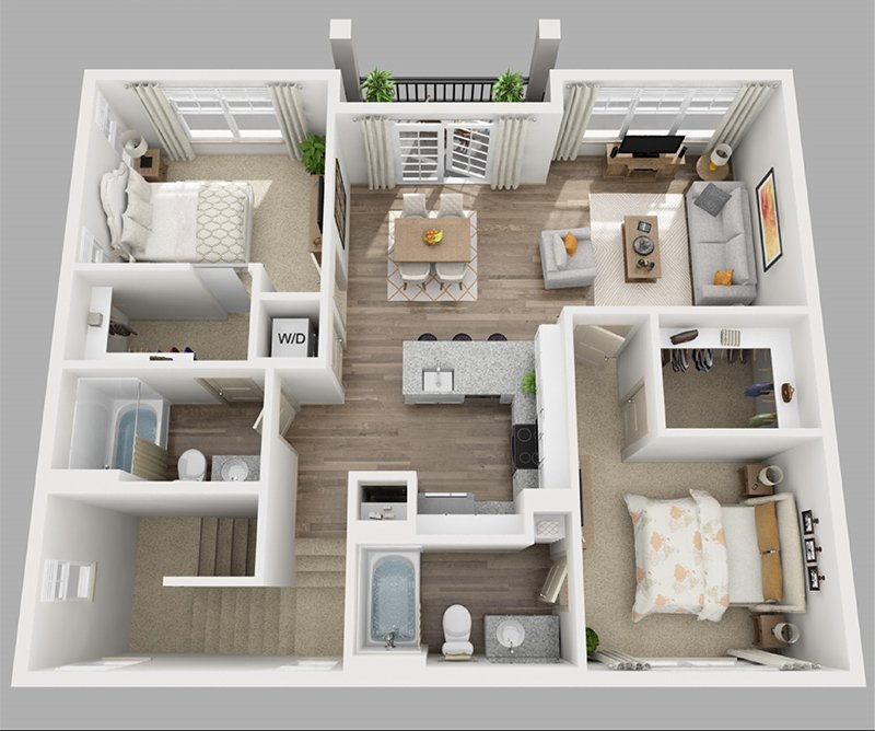 20 Designs Ideas For 3D Apartment Or One Storey Three Bedroom Floor  - Floor Plan For 3 Bedroom House 3d