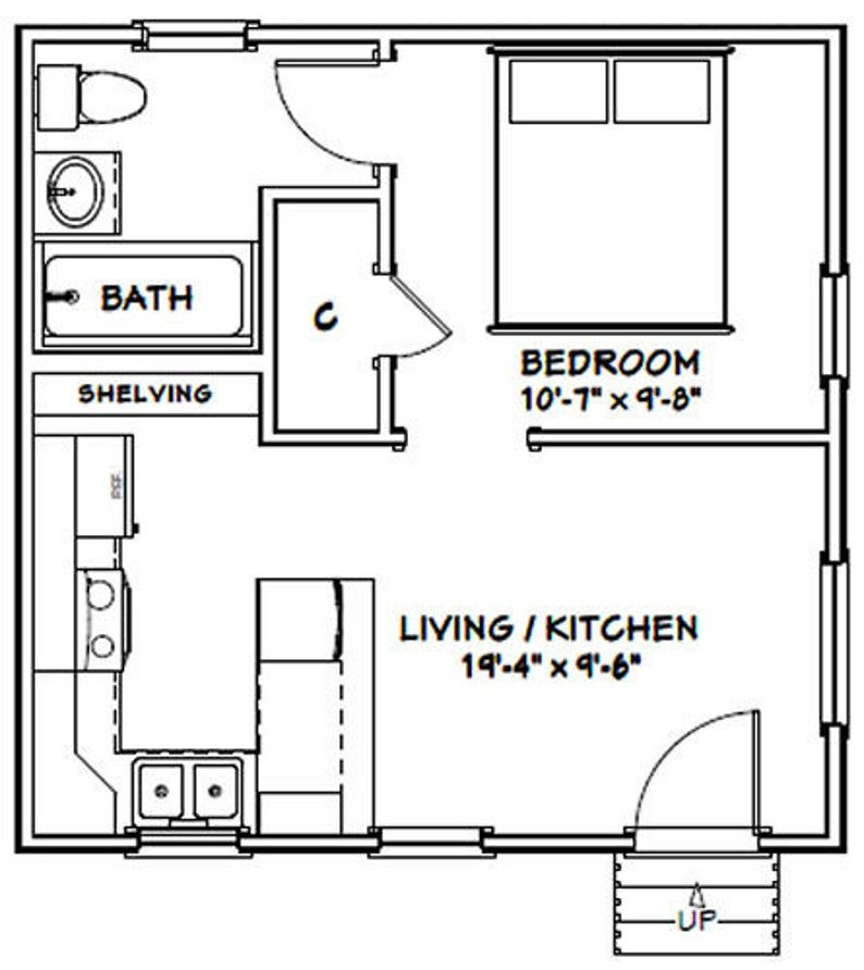 20x20 Tiny House 1 bedroom 1 bath 400 Sq Ft PDF Floor Plan Instant  - Tiny House Designs Plans With 1st Floor Bedroom