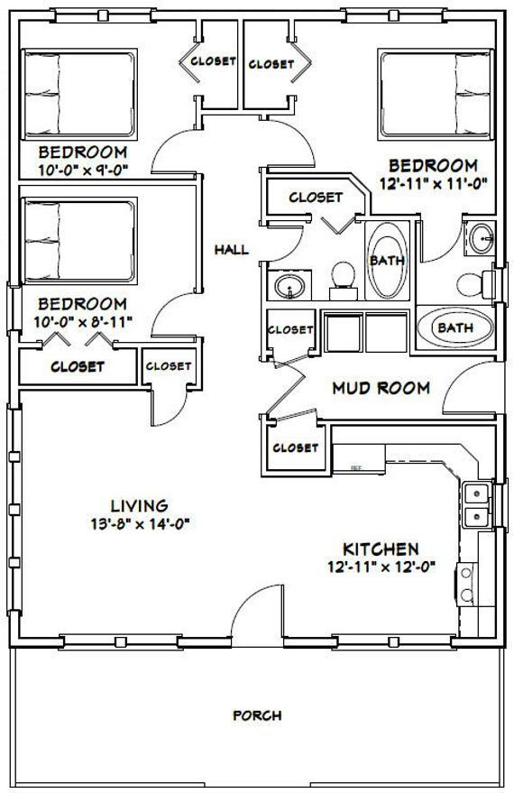 28x36 House 3 bedroom 2 bath 1 008 Sq Ft PDF Floor Plan Instant  - 3 Bedroom House Floor Plans Pdf