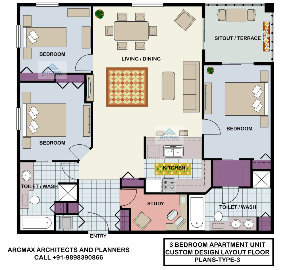 3 BEDROOM APARTMENT UNIT CUSTOM DESIGN LAYOUT FLOOR PLANS TYPE 3  - Three Bedroom Floor Plan For Rental Houses