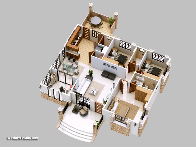 3 Bedroom Bungalow House Floor Plans 3D Img Abay - 3 Bedroom Bungalow House Floor Plans 3d