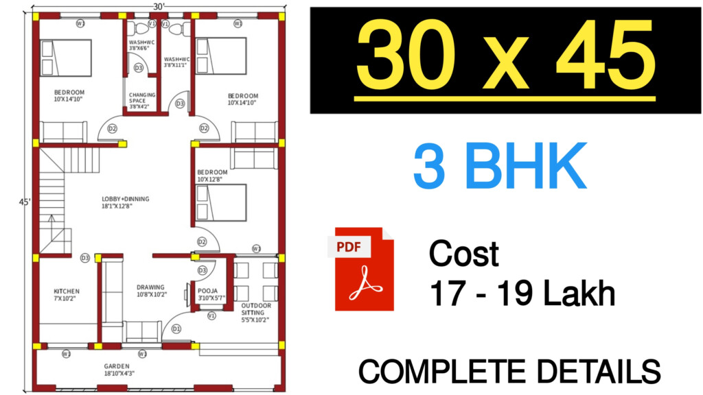 3 Bedroom House Design With Floor Plan Pdf 30x45 House Plan 3bhk  - 3 Bedroom House Floor Plans Pdf