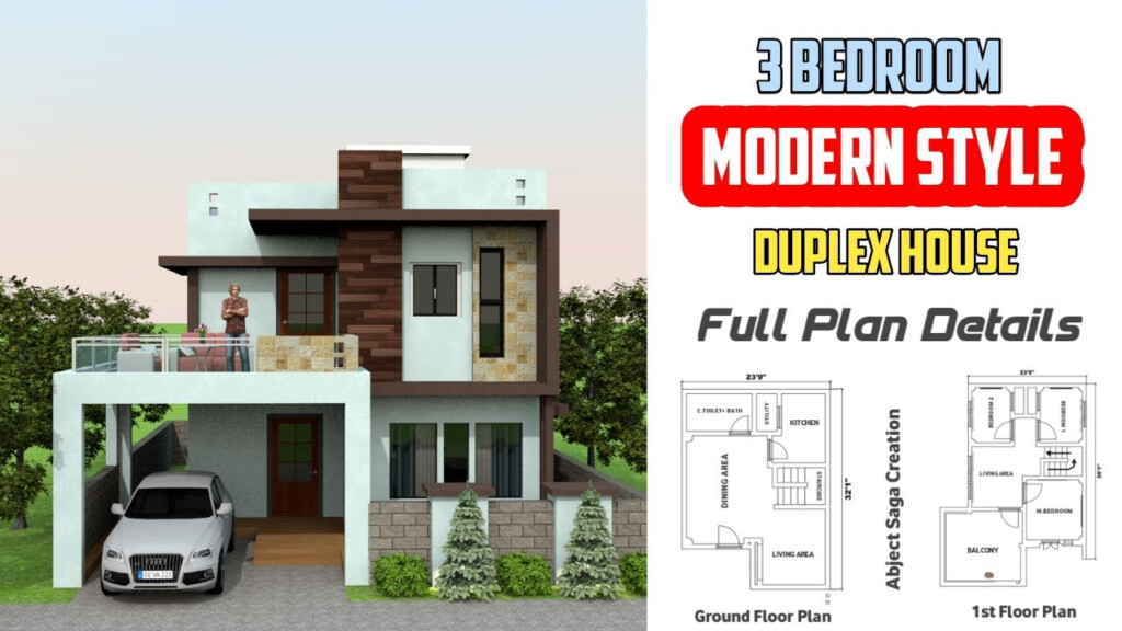 3 Bedroom Modern Style Duplex House Design Full Floor Plan Details  - Three Bedroom Duplex Layout Floor House Plans