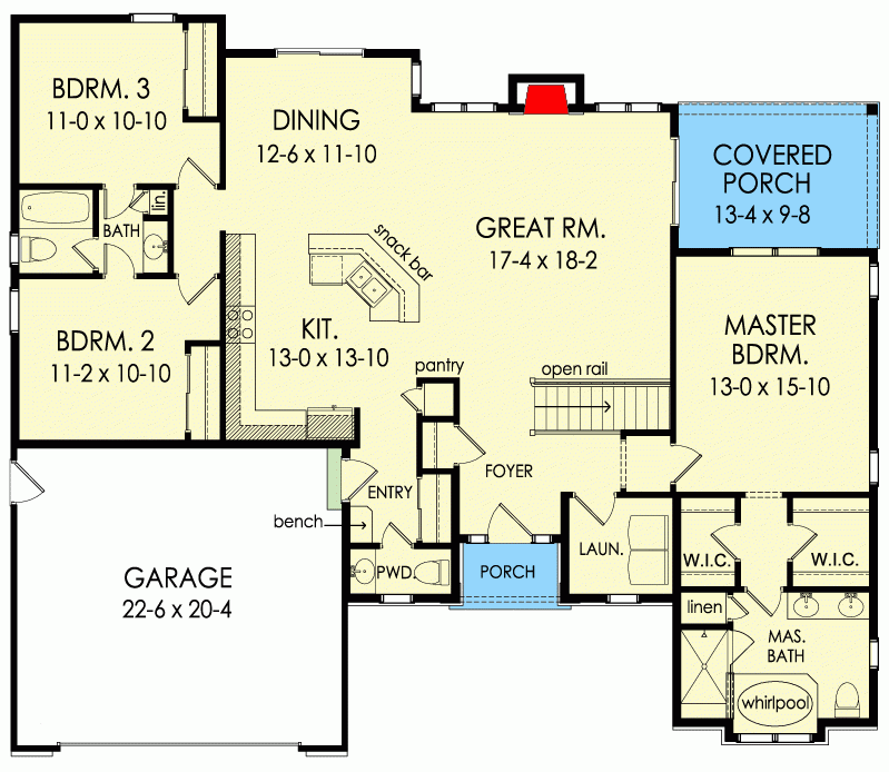 3 Bedroom One Story Open Concept Home Plan Architectural Designs  - 1 Story 3 Bedroom House Floor Plans No Garage