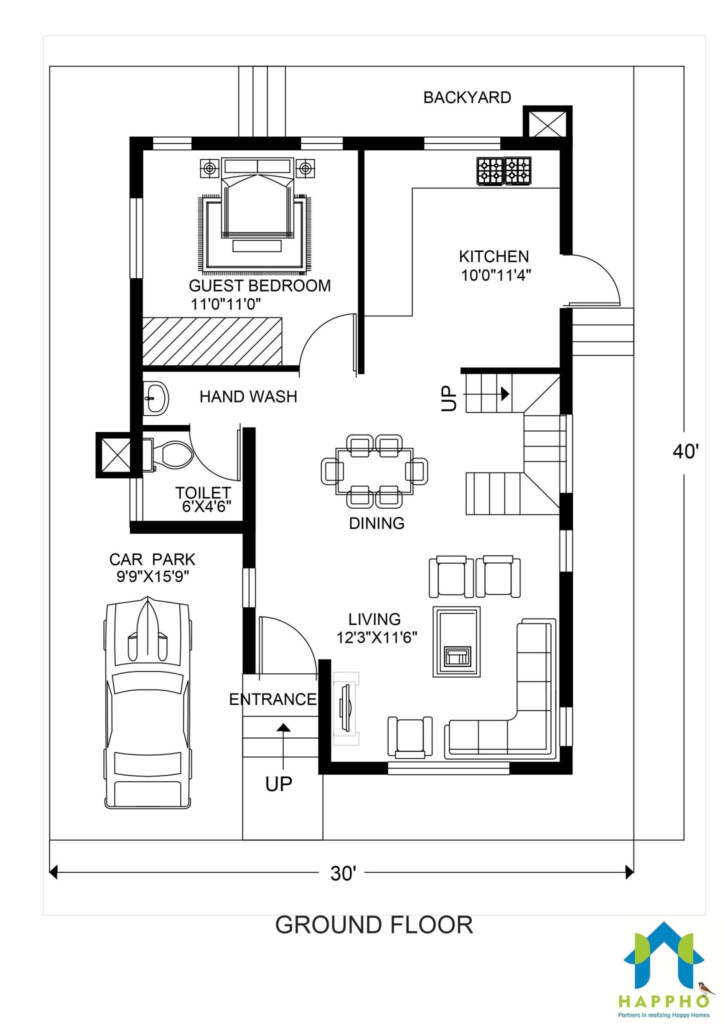 30 X 40 Duplex Floor Plan 3 BHK 1200 Sq ft Plan 028 Happho - 1200 Sq Ft House Plans 3 Bedroom Ground Floor