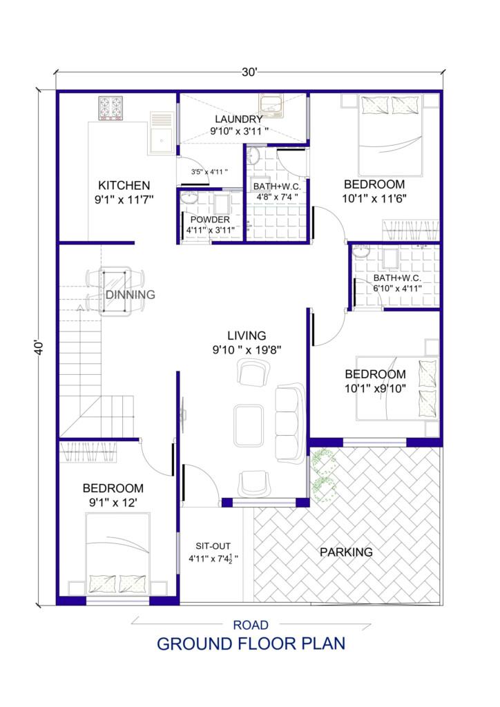 30 X 40 House Plan 3Bhk 1200 Sq Ft Architego - Three Bedroom 30x40 House Floor Plans