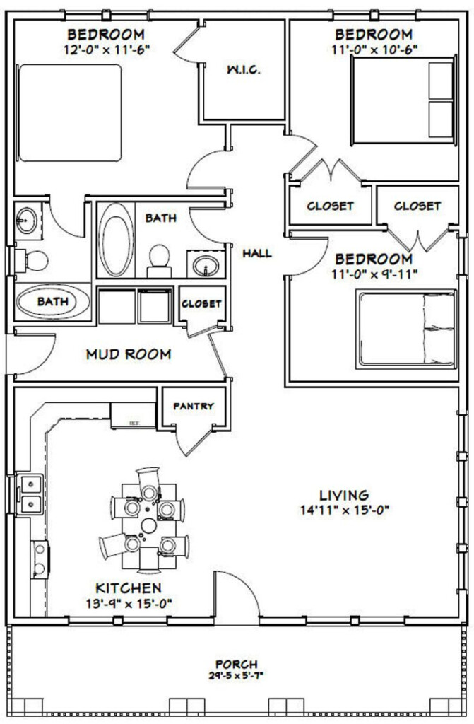 30x40 House 3 bedroom 2 bath 1200 Sq Ft PDF Floor Etsy Small House  - 30 X 40 House Floor Plans Pinterest 3 Bedroom