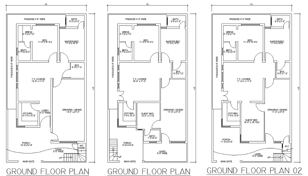 35 X65 Three Various Types Of 3 Bedroom Single Story Ground Floor  - 3 Bedroom Ground Floor House Plan