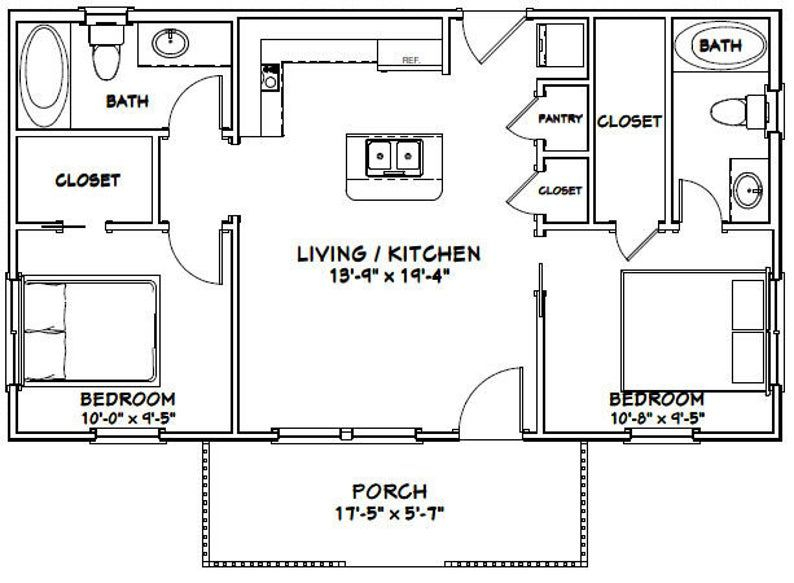 36x20 House 2 Bedroom 2 Bath 720 Sq Ft PDF Floor Plan Etsy Guest  - Floor Plan 2 Bedroom 2 Bath Guest House