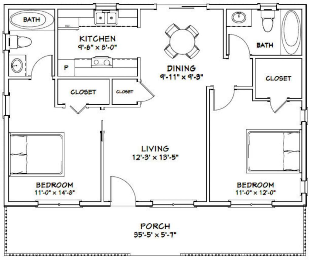 36x24 House 2 Bedroom 2 Bath 864 Sq Ft PDF Floor Plan Etsy - Floor Plan For 2 Bedroom 2 Bath House