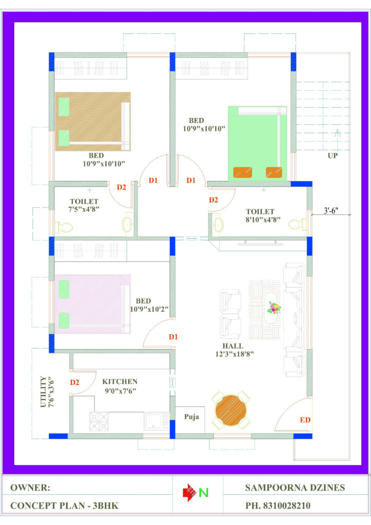 3BHK East Facing House Plan In First Floor 30x40 Site Three Bedroom  - Three Bedroom 30x40 House Floor Plans