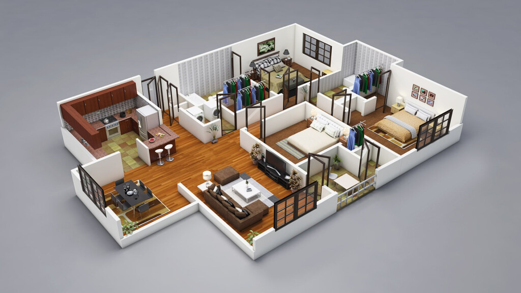 3D Floor Plans 3D Home Design Photo realistic Rendering 3d  - 3 Bedroom House Floor Plans With Models 3d