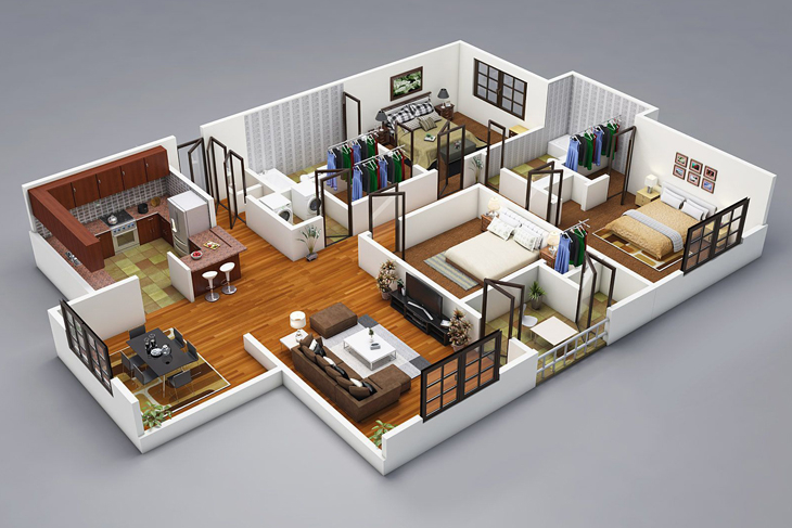 3D Floor Plans 3D House Plan Customized 3D Home Design 3D House  - 3 Bedroom 2 Floor House Plans 3d