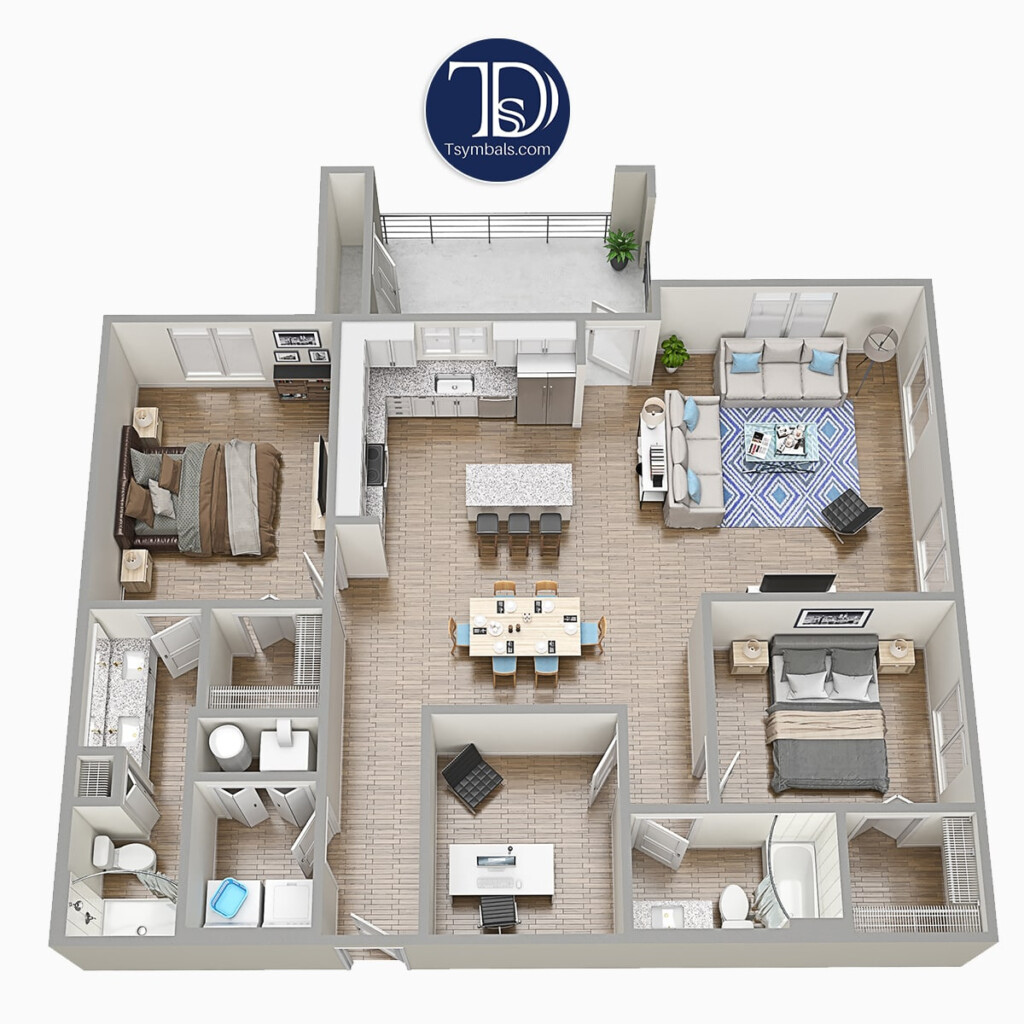 3D Floor Plans Renderings Visualizations Tsymbals Design - Open Floor Plan 2 Bedroom House Plans 3d