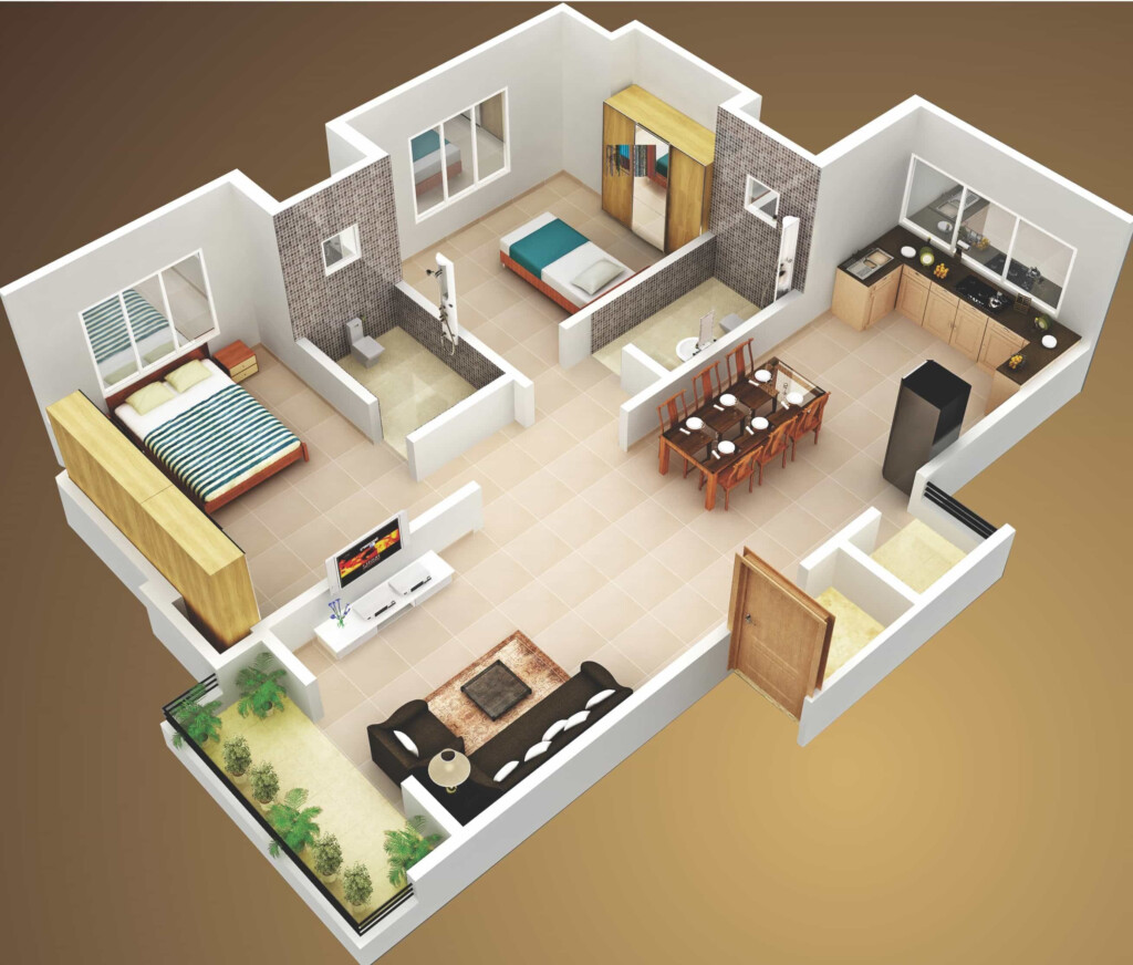 3D Two Bedroom House Layout Design Plans - One Floor House Design Plans 3d 2 Bedroom