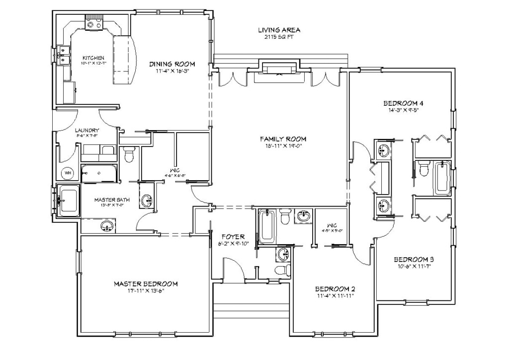 4 Bed 3 5 Bath 2100 SF 56x46 House Plans Traditional Style 1 Story  - 4 Bedroom House Floor Plans With Pocket Office