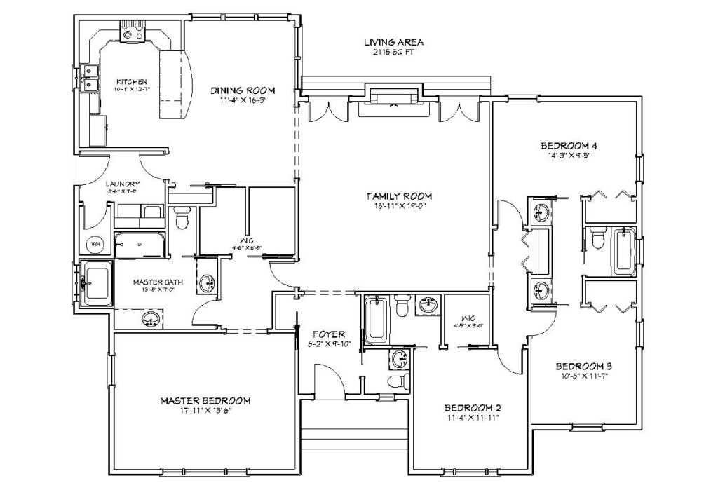 4 Bed 3 5 Bath 2100 SF 56x46 House Plans Traditional Style 1 Story  - Open Concept 1 Story 4 Bedroom House Floor Plans