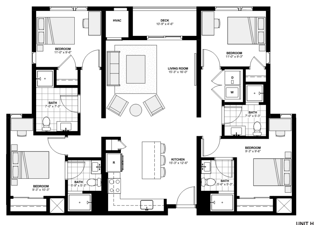 4 Bed 4 Bath Current Midtown - Rutger Houses 4 Bedroom Apt Floor Plans