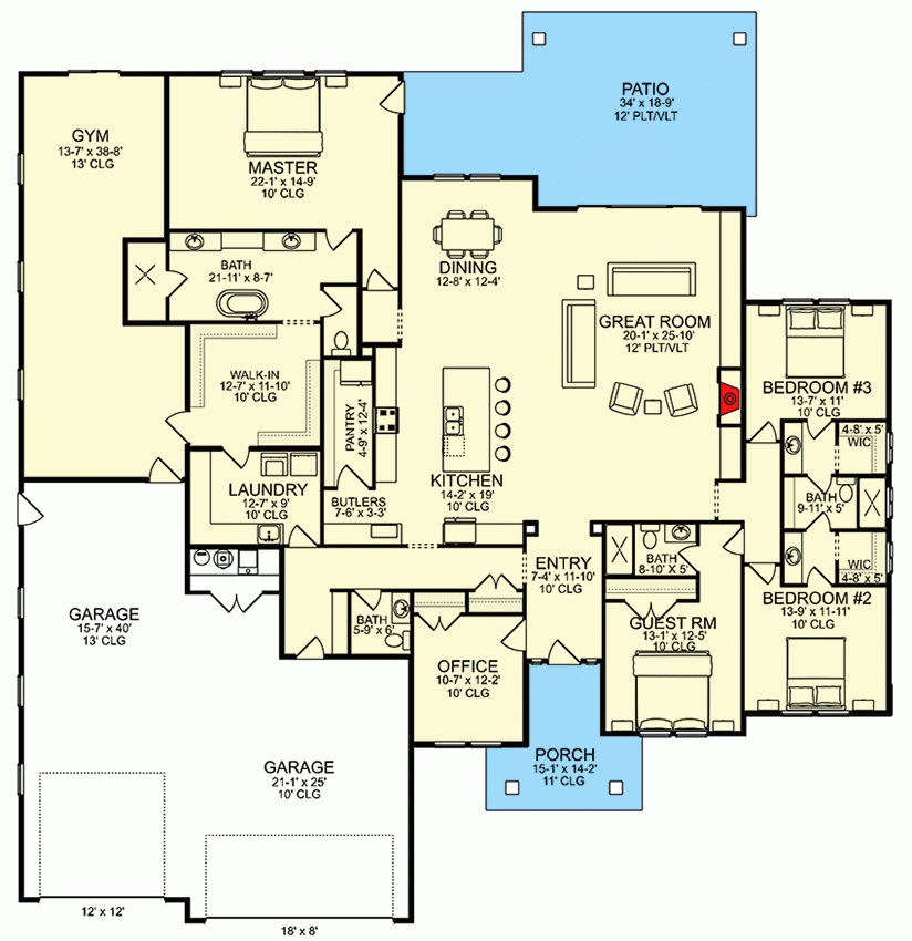 4 Bed Modern Farmhouse Plan With Home Office And Gym 580035DFT  - 4 Bedroom House Floor Plans With Pocket Office Arizona