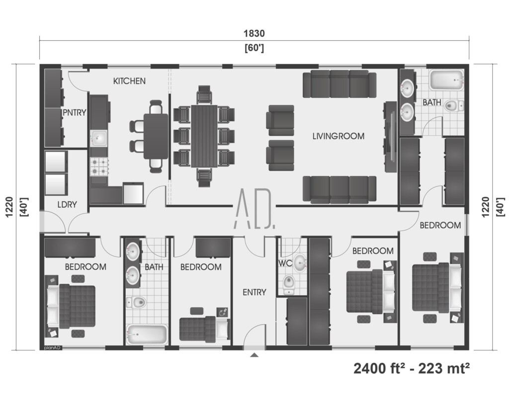 4 Bedroom Barndominium Floor Plan 40x60 Modern House Plan Drawing Etsy - 4 Bedroom 2.5 Bath House Floor Plans