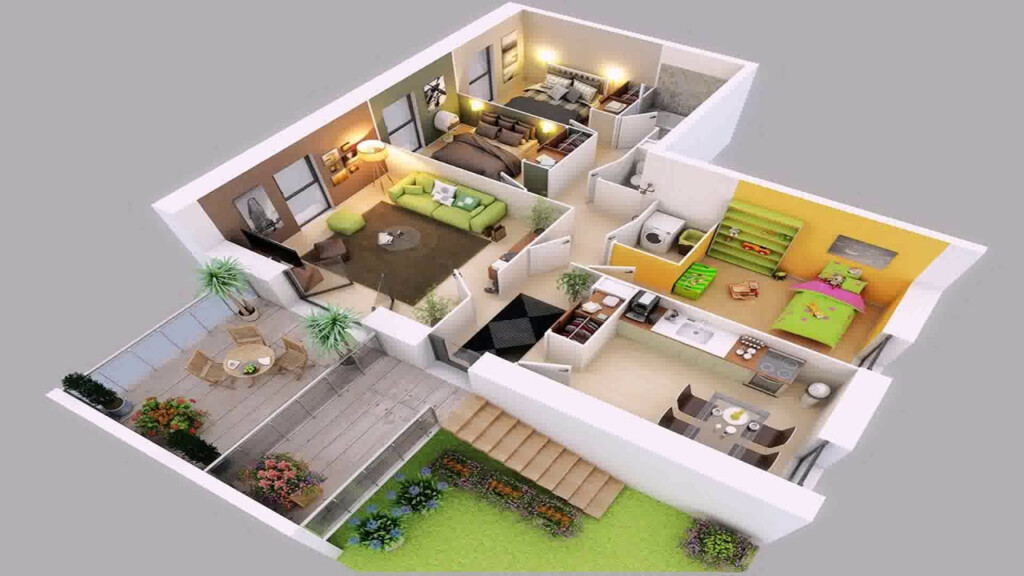 4 Bedroom Floor Plans 3d 3d Plan Plans Bedroom Two Sq Ft Three Floor  - 3d Floor Plan For 4 Bedroom House