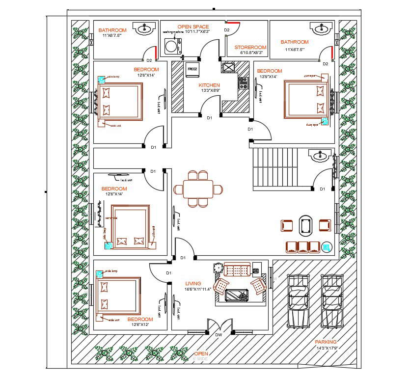 4 Bedroom House AutoCAD Ground Floor Plan Design Cadbull - 4 Bedroom House Ground Floor Plan