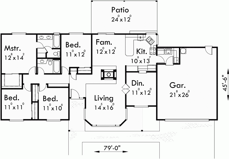 4 Bedroom Ranch House Floor Plans - 4 Bedroom Ranch Family House Floor Plan