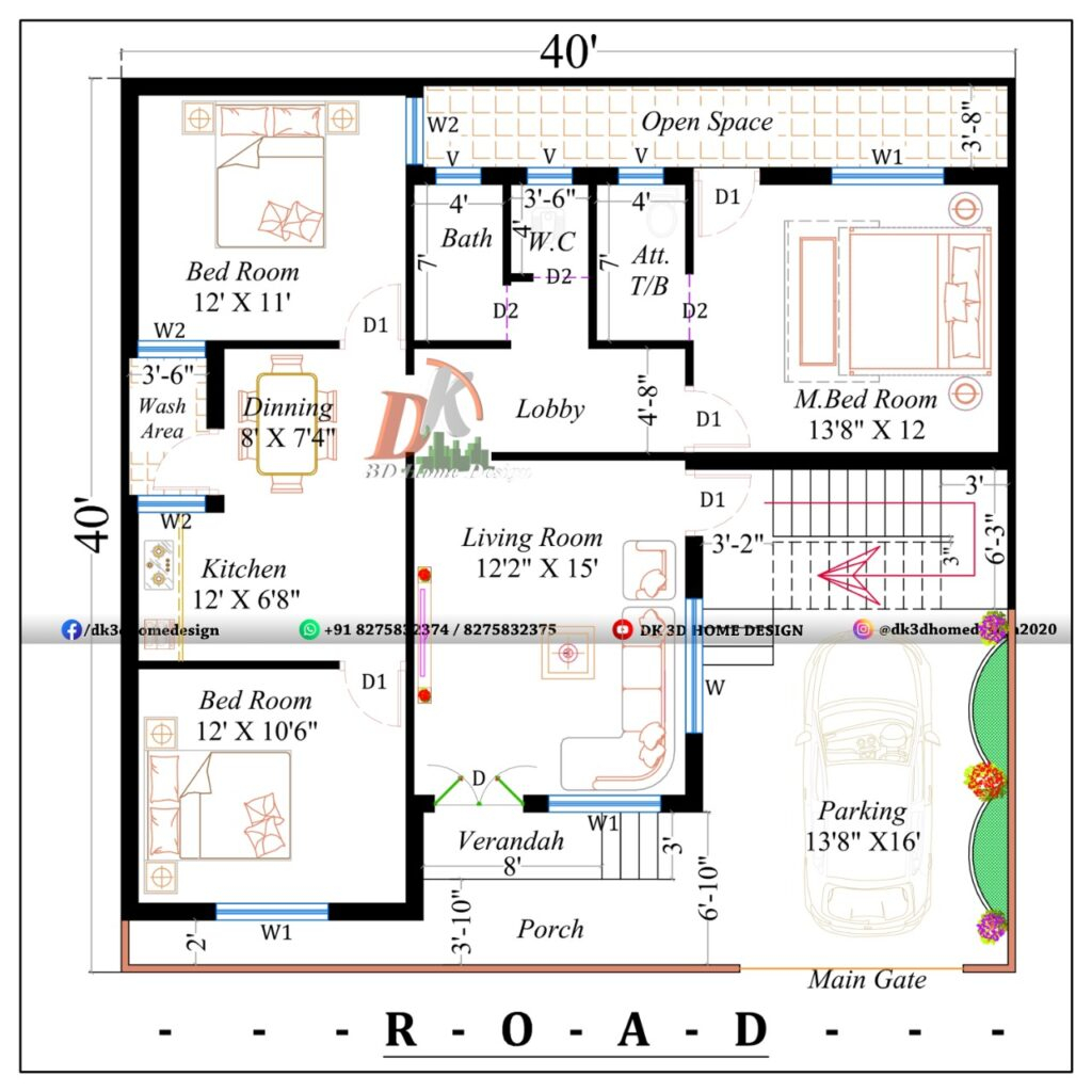 40 By 40 House Plan 3 Bedroom With Car Parking DK 3D Home Design - 40x40 3 Bedroom House Floor Plans