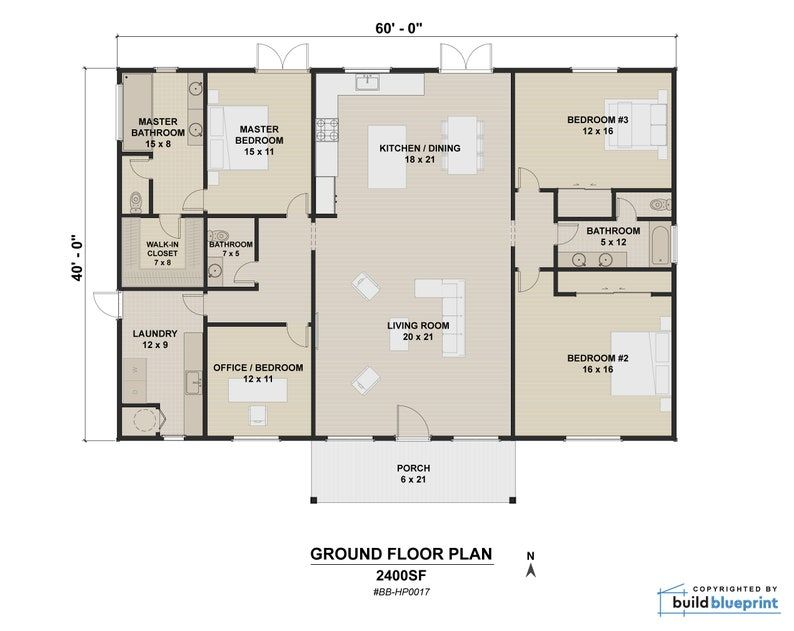 40 X 60 Modern House Architectural Plans Custom 2400SF 4BD 3BA  - Floor Plans For 3 Bedroom House 4 Bathrooms