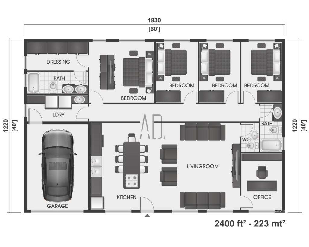 40x60 House Plan 4 Bedroom Floor Plan 2400 Sq Ft Farmhouse Etsy Canada - 4 Bedroom House Floor Plans With Pocket Office