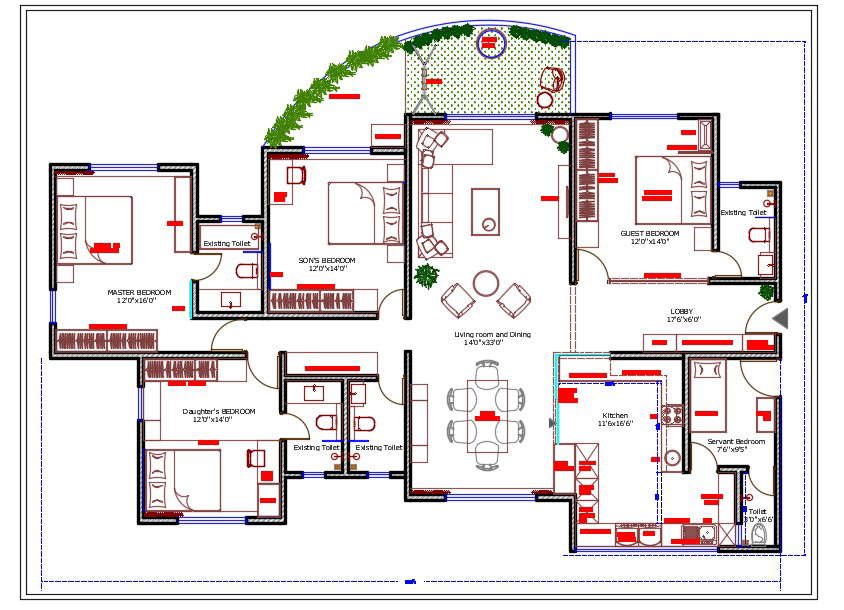 45X65 FT 4 Bedroom House Ground Floor Plan With Furniture Layout  - 4 Bedroom House Ground Floor Plan