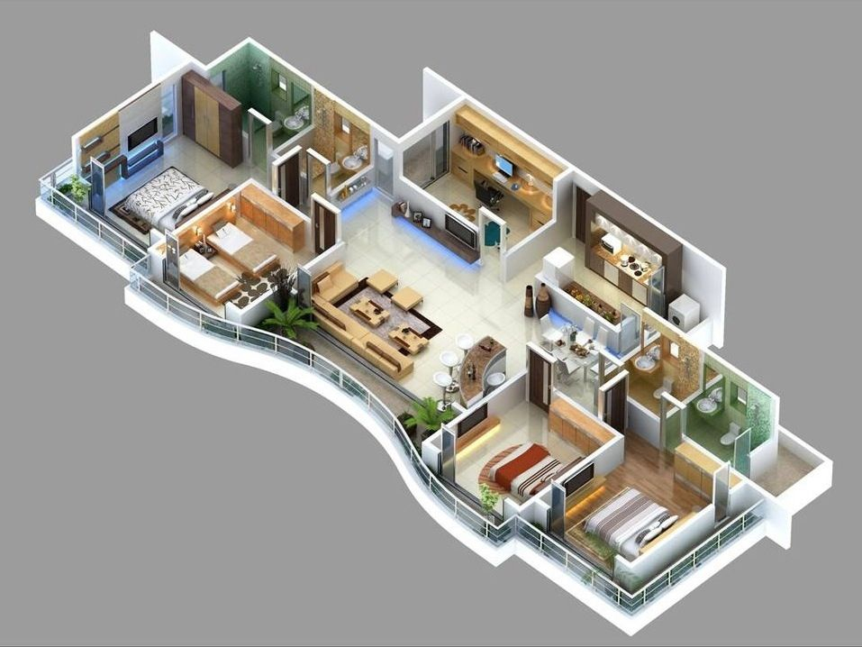 50 Four 4 Bedroom Apartment House Plans Architecture Design 3d  - 3d Floor Plan For 4 Bedroom House