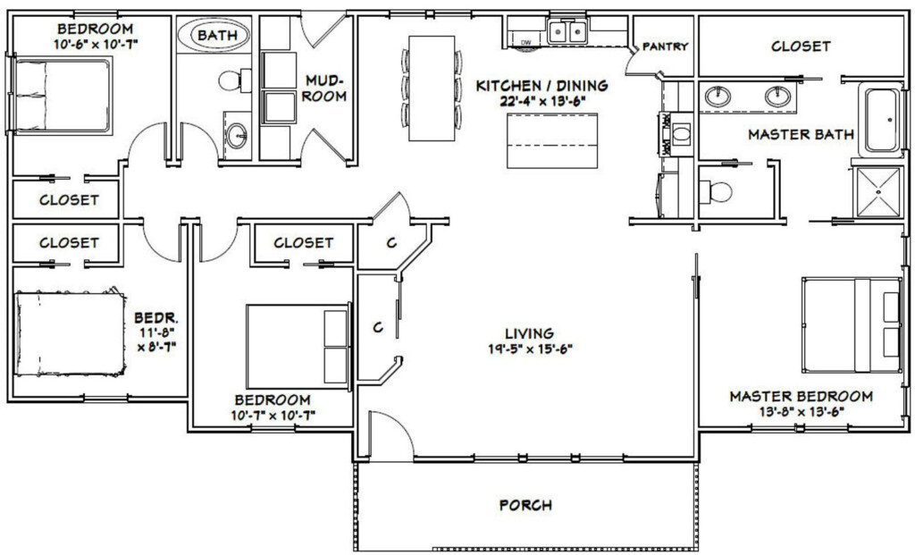 60x30 House 4 Bedroom 2 Bath 1800 Sq Ft PDF Floor Etsy In 2021  - 4 Bedroom 2 Bath House Floor Plans