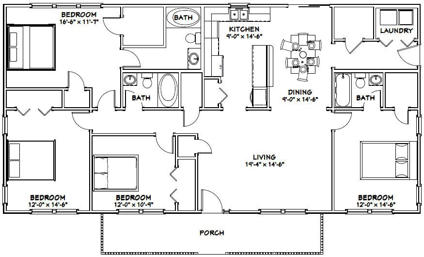 60x30 House 4 bedroom 3 bath 1800 Sq Ft PDF Floor Etsy - Floor Plans For 3 Bedroom House 4 Bathrooms