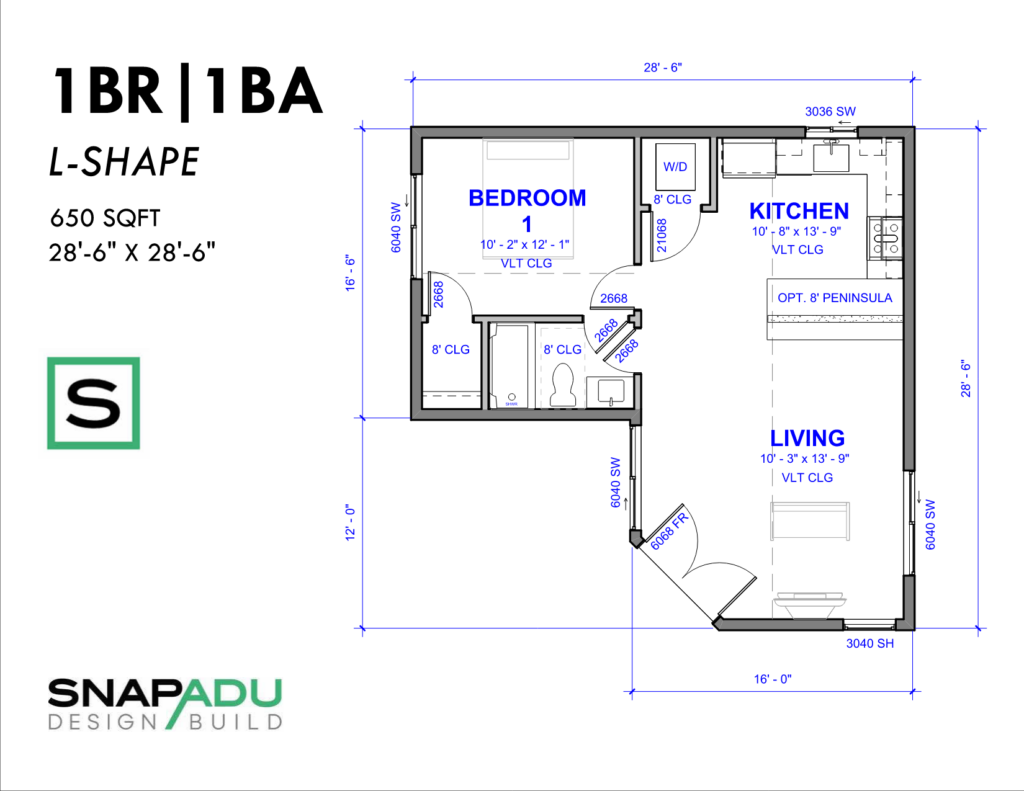 ADU Floor Plan 1 Bedroom L Shape ADU Plan Under 650 Sqft - L Shaped 1 Bedroom House Floor Plans