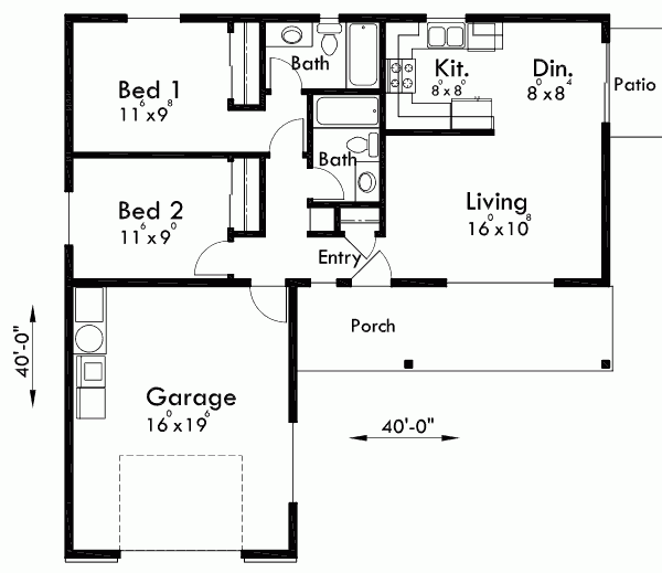 ADU Small House Plan 2 Bedroom 2 Bathroom 1 Car Garage - 2 Bedroom House With Garage Floor Plans