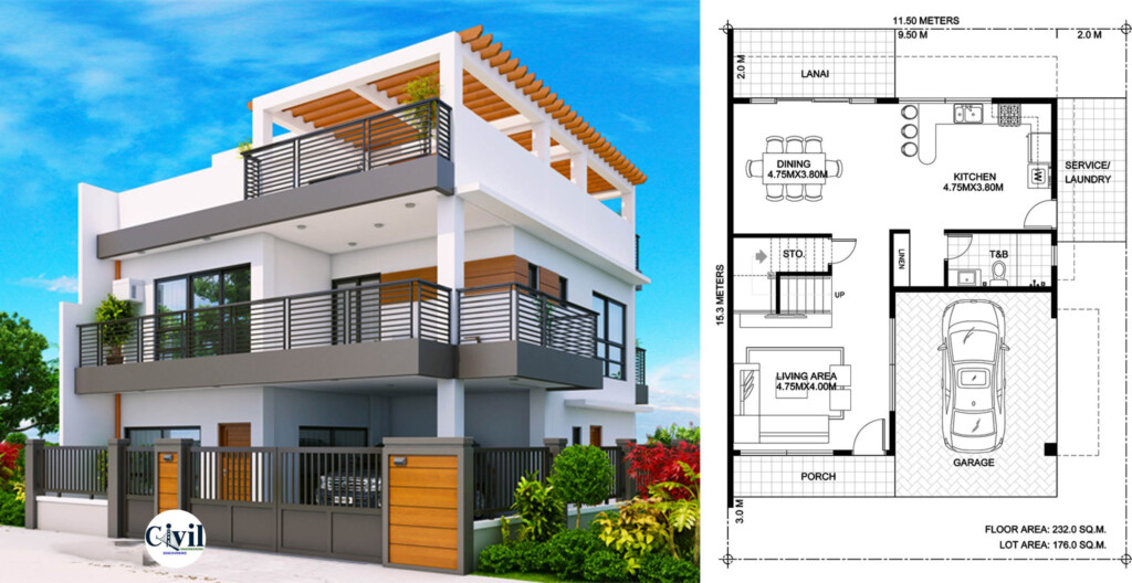 Arabella Three Bedroom Modern Two Storey With Roof Deck Engineering  - Floor Plan For 2 Storey 3 Bedroom House