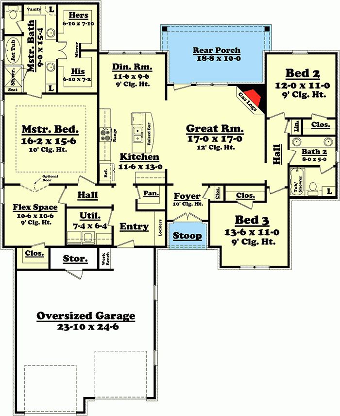 Attractive 3 Bedroom 2 Bath Brick House Plan 11773HZ Architectural  - 3 Bedroom 2 Bathroom Brick House Floor Plan