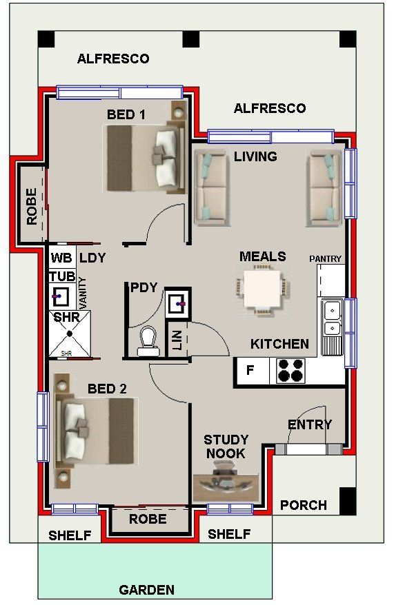 Australian 2 Bedrooms Plus Study Nook Granny Flat 60SBHe Tiny House  - 2 Bedroom House Floor Plans Australia