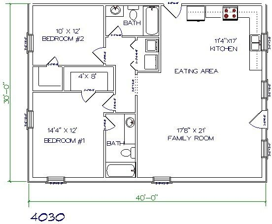 Barndominium Floor Plan 2 Bedroom 2 Bathroom 40x30 Shop House Plans  - Shop House Floor Plans 2 Bedroom