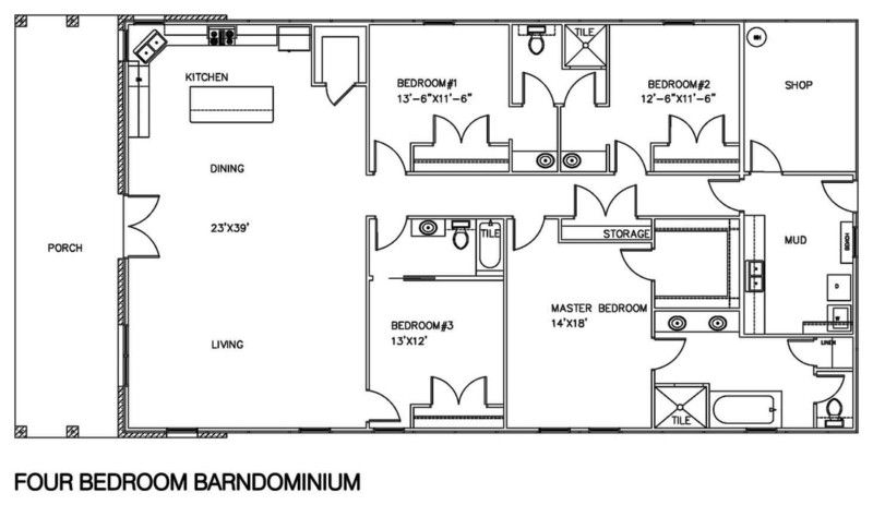 Barndominium Floor Plans With Shop 4 Bedroom Design Ideas Pole Barn  - 4 Bedroom Shop House Floor Plans