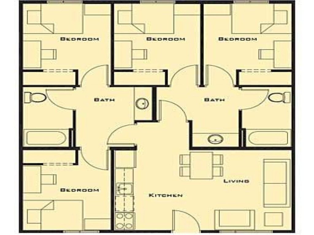 Basic 4 Bedroom House Plans - 1373 Sq Ft 4 Bedroom 2 Bath House Floor Plans