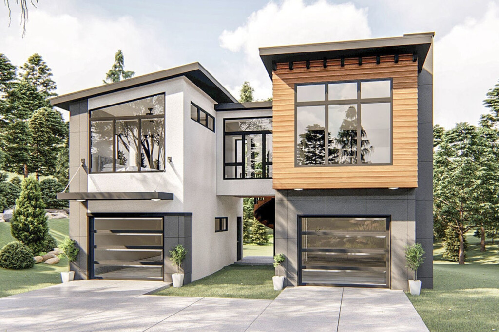 Contemporary Carriage Home Floor Plan Connects Two Sections With Upper  - Two Bedroom Carriage House Floor Plans